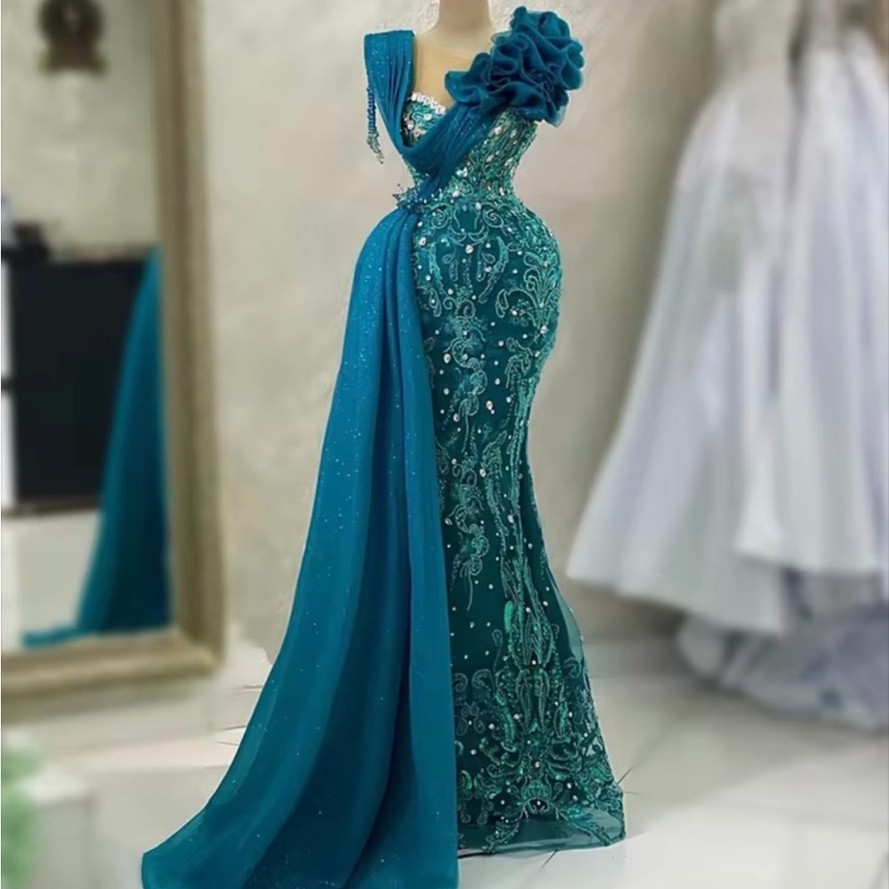 Custom Made Teal Gown with Floral Embellishments